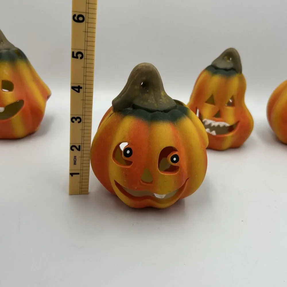 2000s Vintage Halloween Jack O Lantern Pumpkin Candle Holders Set of 4 Ceramic